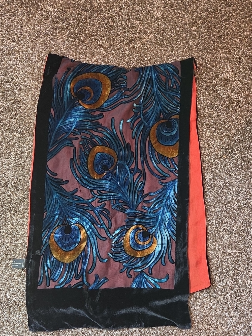 Peacock Feather Wrap in Coral and Blue Made For Metropolitan Museum Of Art
